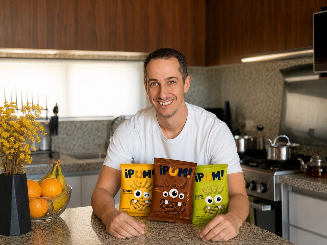 El fundador de ¡PUM! en su cocina con las bolsas